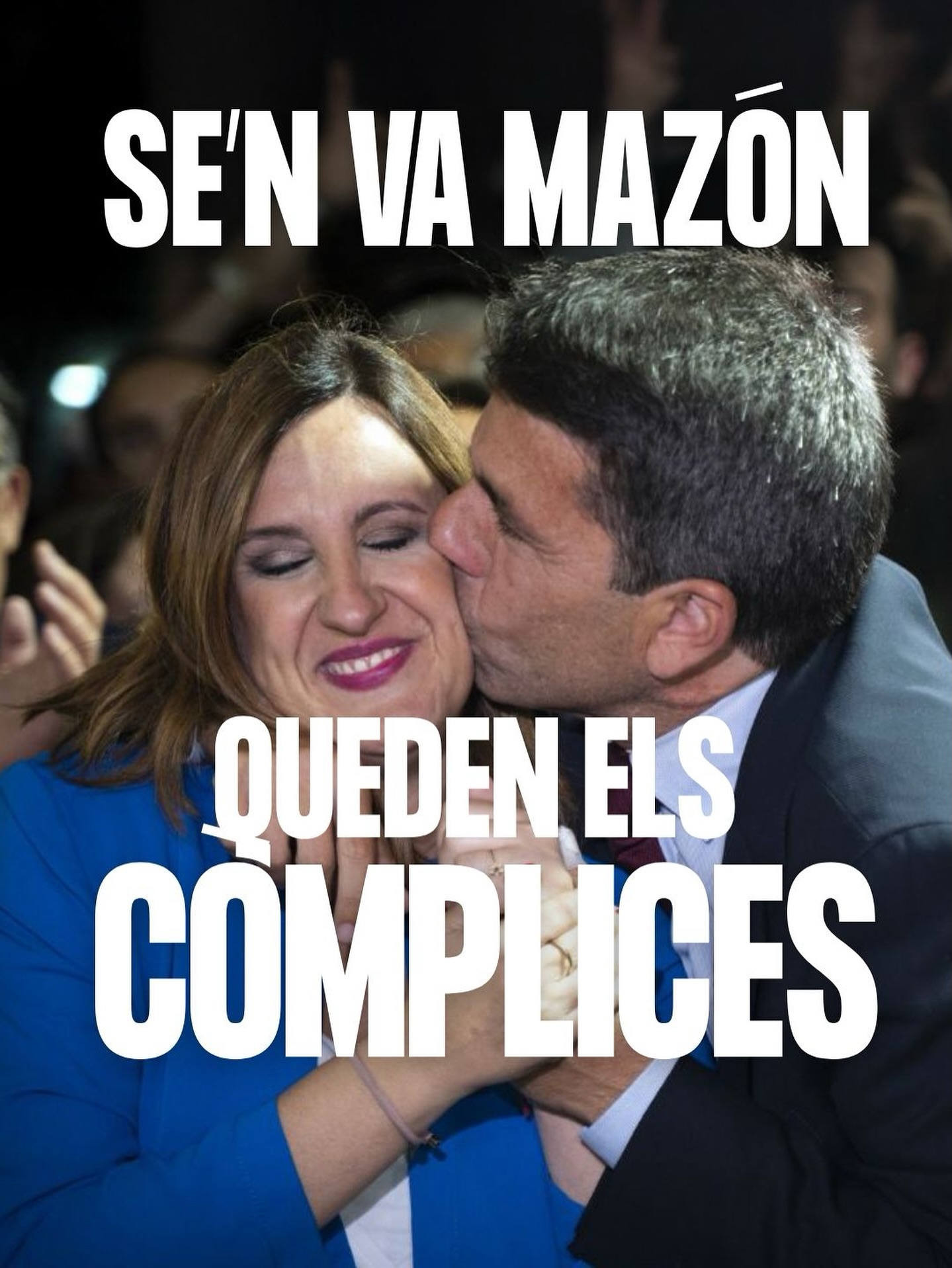 QUEDEN ELS CÒMPLICES  No oblidem qui ha estat tot un any defensant i aplaudint les mentides, les manipulacions i les contínues humiliacions a les víctimes.   No oblidem que María José Catalá va ser l’única alcaldessa que el mateix dia del funeral no va saludar a les víctimes i se’n va anar per la porta de darrere amb Carlos Mazón.   No oblidem que sense còmplices, esta infàmia no haguera estat possible.  Se’n va Mazón, però queden els seus còmplices. Els farem fora.